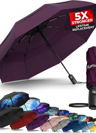 TUMELLA Strongest Windproof Travel Umbrella (Compact, Superior & Beautiful), Small Strong but Light Portable and Automatic Folding Rain Umbrella, Durable Premium Grip, Fits Car and Backpack