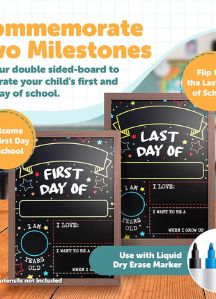 First Day Last Day of School Double Sided Sign with Frame (Reusable Dry Erase Board for Liquid Chalk Markers - 9.17 inch x 13.27 inch)