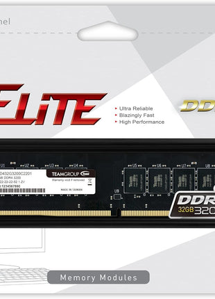 TEAMGROUP Elite DDR4 32GB Single (1 x 32GB) 3200MHz (PC4-25600) CL22 (2933MHz or 2666MHz) Unbuffered Non-ECC 1.2V UDIMM 288 Pin PC Computer Desktop Memory Module Ram Upgrade - TED432G3200C2201