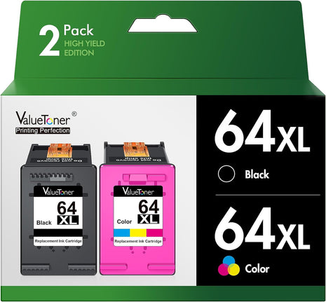 Valuetoner Ink Cartridge Replacement for HP 64XL Ink Cartridge Combo Pack for HP Envy Inspire 7955e 7958e 7255e Photo 7155 7858 7155 7100 7800 7900 7855 6222 Tango (Black Color,2pack)