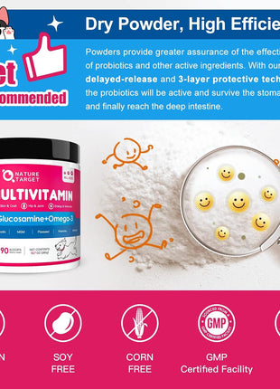 Dog Vitamins Powder, Probiotics & Digestive Enzymes for Gut Health, Salmon Oil Skin and Coat Supplement for Dogs Itchy Skin Relief