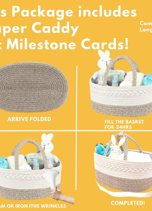 Baby Changing Basket Set with Diaper Caddy Organizer Macrame Boho Moses Basket for Babies, Handmade 100% Cotton Rope, Woven Portable Nursery Decor Waterproof Pad & Floral Pad