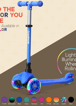 Blue Mini 3 Wheel Scooter for Kids – Lean-to-Steer with LED Light-Up Wheels, Adjustable Handlebar, Wide Anti-Slip Deck, Smooth PU Wheels, Rear Foot Brake – Toddler Scooter for Ages 2+
