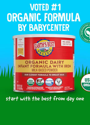 Earth's Best Organic Baby Formula for Babies 0-12 Months, Powdered Dairy Infant Formula with Iron, Omega-3 DHA, and Omega-6 ARA, 32 oz Formula Container