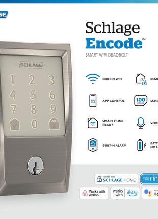 Schlage Encode Smart Wi-Fi Deadbolt Lock with Touchscreen Keypad, Keyless Front Door Entry, App Control, Alexa, Google Home and Airbnb Compatible, Satin Nickel, BE489WB CEN 619