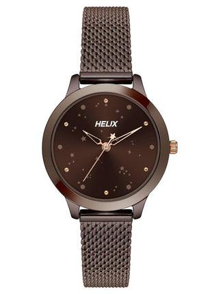 Helix by Timex Analog Watch for Women with Brown Round Dial & Brown Stainless Steel Mesh Bracelet Band Water Resistant Women's Wrist Watches - TW022HL37