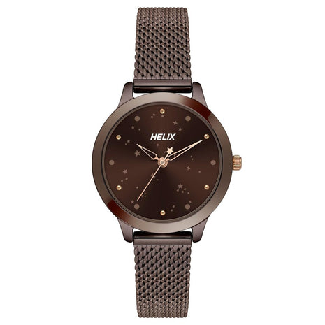 Helix by Timex Analog Watch for Women with Brown Round Dial & Brown Stainless Steel Mesh Bracelet Band Water Resistant Women's Wrist Watches - TW022HL37