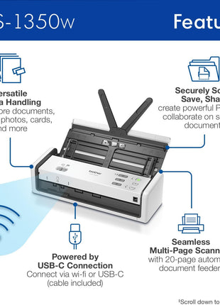 Brother ADS-1350W Wireless Compact Desktop Scanner | Scan Speeds of Up to 30ppm | Single Pass Double-Sided Scanning