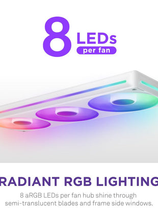 NZXT F360 RGB Core - 360mm Single-Frame RGB Fan Unit - White | 360mm single-frame unit with three 120mm RGB fans on one cable. Speed and lighting controlled through CAM.