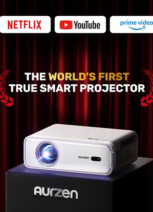 Aurzen EAZZE D1 Smart Projector with WiFi and Bluetooth, Netflix-Officially-Licensed, Auto Focus & Keystone, DoIby Audio, Zoom, Native 1080P Movie, Portable Outdoor Mini Projector, White