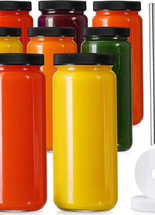 8 Pack 16OZ Glass Juice Bottles with 8 Airtight Lids & 2 Straw Lids & 2 Straws - Freezable Juice Container, Travel Juicing Jars, Drinking Water Cups - Reusable Tall Mason Jar for Tea, Juice, Smoothies