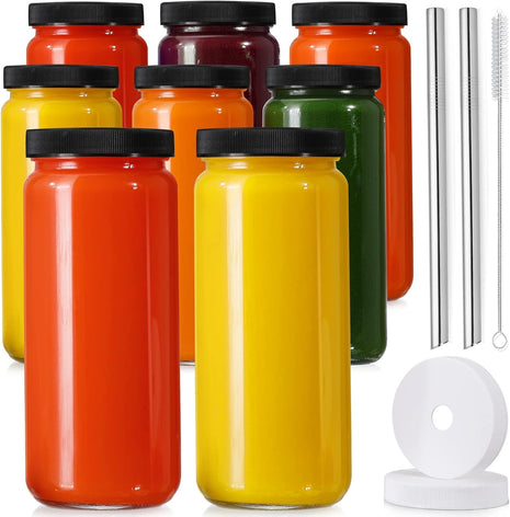 8 Pack 16OZ Glass Juice Bottles with 8 Airtight Lids & 2 Straw Lids & 2 Straws - Freezable Juice Container, Travel Juicing Jars, Drinking Water Cups - Reusable Tall Mason Jar for Tea, Juice, Smoothies