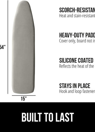 GORILLA GRIP Ironing Board Cover, Silicone Coating, 400°F Scorch and Stain Resistant with Extra Thick Padding, Fits Over Standard Size Board, Heavy Duty Hook and Loop Fastener Strap, Silver 15x54