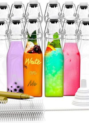 Nevlers 8.5 Oz Swing Top Glass Bottles with Airtight Lid 12 Pack | Square Flip Top Glass Bottle Set with Foldable Funnel, Cleaning Brush & Gold Marker | 250 mL Clear Syrup Container & Sauce Bottles