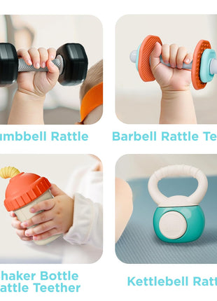 iPlay, iLearn Baby First Gym Rattle Set, Infant Dumbbell Weights Teething Rattles 3-6-12 Month, Newborn Workout Sensory Stroller Toy, Babies Birthday Shower Gift 5 7 8 9 10 Month Toddler Boy Girl-4PCS