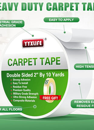 YYXLIFE Double Sided Carpet Tape for Area Rugs & Hardwood Floors, 2" x10YD | Removable Rug Tape, Residue-Free, Heavy Duty Adhesive, Non-Slip Anti-Curling Floor Tape for Mats, Carpets, Tile, White