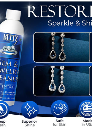 Blitz Gem & Jewelry Cleaner Liquid Concentrate for Gold, Silver, & Platinum Jewelry Cleans Non-Porous, Precious & Semi-Precious Stones. Non-Toxic, Non-Abrasive, & Planet Friendly Made in USA 8oz