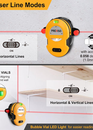 PREXISO Multi Surface Laser Level LED Light Vial, 30Ft Horizontal & Vertical Line Laser with Wall Mount Base, 2 Pins, 10 Sticker, 2 AA Batteries for Hanging Frames & Picture, Construction Wall Writing