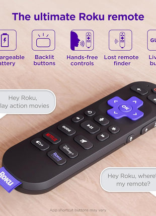 Roku Voice Remote Pro (2nd Ed.) | Rechargeable TV Remote Control with Hands-free Voice Controls, Backlit Buttons, & Lost Remote Finder - Replacement Remote Compatible with All Roku TV, Players & Audio