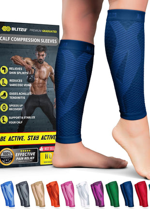 BLITZU Calf Compression Sleeves for Men and Women. Footless Compression Socks Support for Varicose Vein, Nursing, Running. Leg Sleeve Brace for Shin Splints, Pain Relief & Reduces Swelling Black L xL