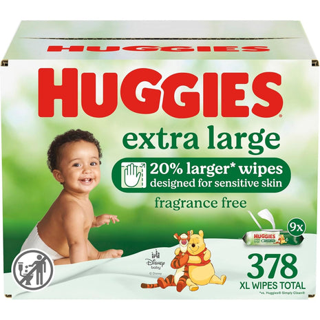 Huggies Extra Large Baby Wipes, Unscented, 9 Flip-Top Packs, 378 XL Wipes Total, Packaging May Vary