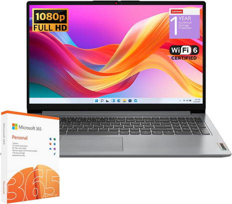 Lenovo IdeaPad 1 Student Laptop, Intel Dual Core Processor, 20GB RAM, 1TB SSD + 128GB eMMC, 15.6 inch FHD Display, 1 Year Office 365, Windows 11 Home, Wi-Fi 6, Webcam, Bluetooth, SD Card Reader, Grey