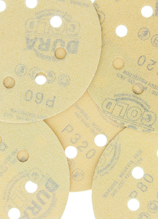 Dura-Gold Premium - Variety Pack - 5" Gold Sanding Discs - 8-Hole Dustless Hook and Loop - 10 Each of Grit (60, 80, 120, 220, 320) - Box of 50 Sandpaper Finishing Discs for Woodworking or Automotive