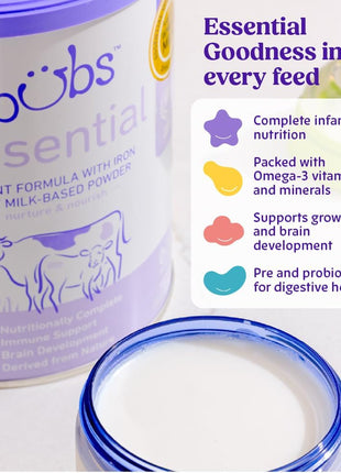 Bubs Essential Infant Formula, with Iron, Cow Milk-Based Powder, for Infants 0-12 Months, Made with Non-GMO Milk, 20 oz