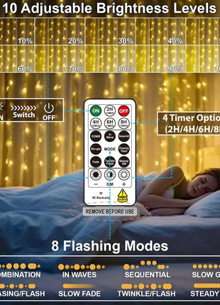 HXWEIYE 300LED Fairy Curtain Lights, 9.8x9.8Ft USB Plug-in 8 Modes Christmas String Hanging Lights with Remote for Bedroom Backdrop Wedding Indoor Wall Decor, Warm White, Standard – 1 Pack