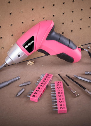 Hi-Spec Small Electric Screwdriver, Mini Drill Set, Rechargeable 3.6V Cordless Screwdriver with 26 Driver Bits, Power Tool for Small Projects & Home Use, Pink