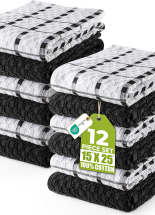 Utopia Towels Kitchen Towels 12 Pack 15x25 Inch Ring Spun Cotton Black | Super Soft, Absorbent, Tea and Bar Towel Set, Linen Dish Towels, Multipurpose Kitchen Use