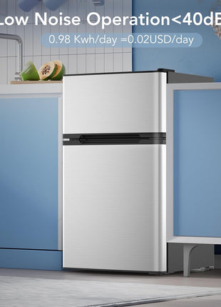 Electactic 3.2 Cu.Ft Mini Fridge with Freezer, Compact Refrigerator with 2 Doors, Small Fridge with Adjustable Thermostat & Removable Glass Shelves for Bedroom, Office, Dorm, or Apartment, Silver