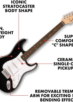 Fender Squier Debut Stratocaster Beginner Electric Guitar, Matte Black | Starter electric guitar for kids and adults, free lessons, 2-year warranty, iconic Strat shape, under $200