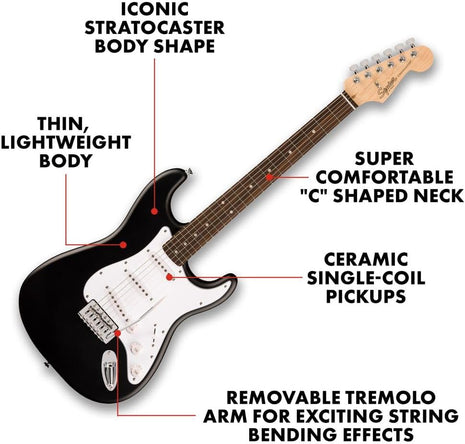 Fender Squier Debut Stratocaster Beginner Electric Guitar, Matte Black | Starter electric guitar for kids and adults, free lessons, 2-year warranty, iconic Strat shape, under $200