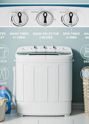SUPER DEAL Compact Mini Twin Tub Washing Machine 13lbs Capacity Portable Washer Wash and Spin Cycle Combo, Built-in Gravity Drain for Camping, Apartments, Dorms, College, RV's and Small Spaces