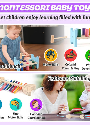 Montessori Toys for 1+ Year Old, 9-in-1 Learning Educational Toys | Wooden Montessori Toys with 3-in-1 Activity Box, Pound Bench, Shape Puzzle, Cloth Books, Fishbone Matching & Ring Stacker