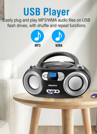 MEGATEK Portable CD Player Boombox with FM Radio, Bluetooth, USB Port, AUX Input, and Headphone Jack – CD-R/CD-RW/MP3-CD Compatible, Clear Stereo Sound, Backlit LCD Display – Black