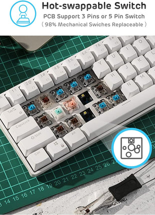 RK ROYAL KLUDGE RK61 Wireless 60% Mechanical Gaming Keyboard, Ultra-Compact 60 Keys Bluetooth Mechanical Keyboard with Programmable Software (Blue Switch, White)