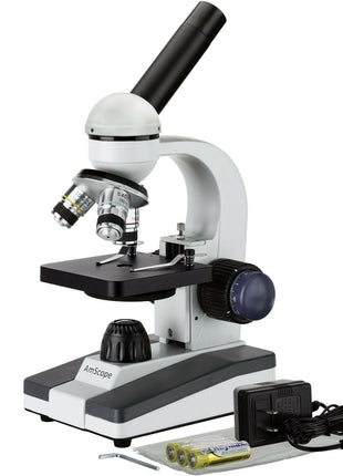 AmScope M150 Series Portable LED Monocular Student Compound Microscope - 40X-1000X Magnification - Microscope Kit Includes Dust Cover, 2 Clips & 2 Eyepieces