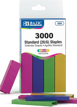 BAZIC Staples Standard (26/6) Metallic Color 3000/Pack, Stapler Refill Standard Size Staple, Assorted Colors, 1-Pack