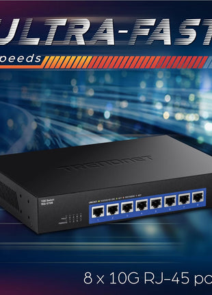 TRENDnet 8-Port 10G Switch, TEG-S708, 8 x 10G RJ-45 Ports, 160Gbps Switching Capacity Rack mountable, Ethernet Splitter, NDAA & TAA Compliant, Lifetime Protection, Black