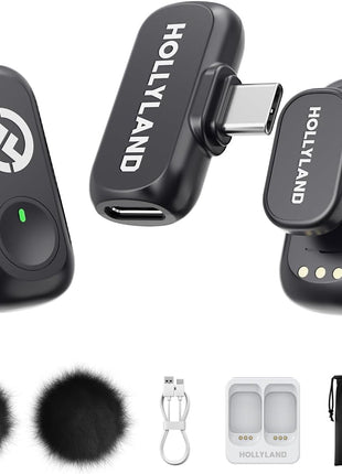 Hollyland Lark A1 Wireless Microphone for iPhone & Android, 48kHz/24-bit Studio Audio, 3-Level Noise Cancellation, 200m Range, Magnetic Mini Mic for Video Recording & Live Streaming (2TX + USB-C RX)