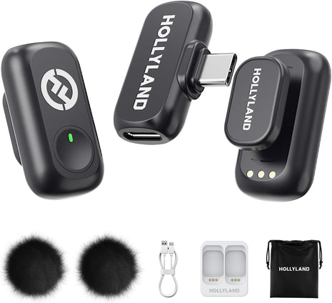 Hollyland Lark A1 Wireless Microphone for iPhone & Android, 48kHz/24-bit Studio Audio, 3-Level Noise Cancellation, 200m Range, Magnetic Mini Mic for Video Recording & Live Streaming (2TX + USB-C RX)