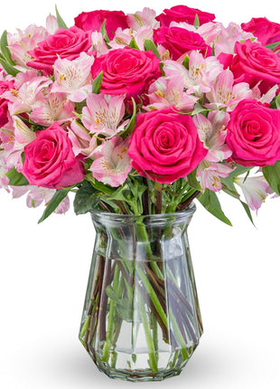 Benchmark Bouquets - Charming Roses & Alstroemeria (Glass Vase Included) - Fresh Flowers for Delivery - Gift for Graduation, Birthday, Anniversary, Sympathy, Get Well, Congratulations