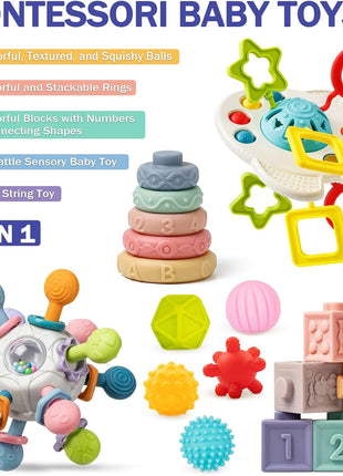 Baby Toys 6 to 12 Months, 5 In 1 Montessori Toys for 1 Year Old, Incl Travel Pull String Toy & Rattle Teether & Stacking Baby Block & Soft Infant Ring & Sensory Ball for Toddler 0-3-6-9-12 Month