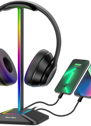 New Bee Headphone Stand with RGB Lighting, Sturdy Aluminum Gaming Headset Holder with USB-C & USB Charging Ports, Stable Desktop Earphone Stand for All Headphones Size, Black