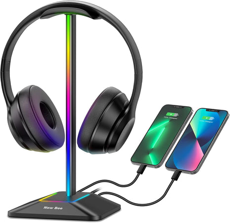 New Bee Headphone Stand with RGB Lighting, Sturdy Aluminum Gaming Headset Holder with USB-C & USB Charging Ports, Stable Desktop Earphone Stand for All Headphones Size, Black