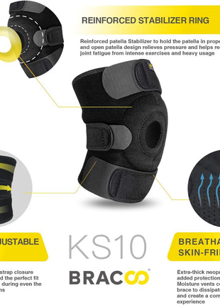 Bracoo Adjustable Compression Knee Patellar Pad Tendon Support Sleeve Brace for Men Women   Arthritis Pain, Injury Recovery, Running, Workout, KS10 (Black)