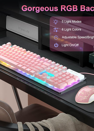 Gaming Keyboard and Mouse Combo, K1 RGB LED Backlit Keyboard with 104 Keys Computer PC Gaming Keyboard for PC/Laptop (Pink)