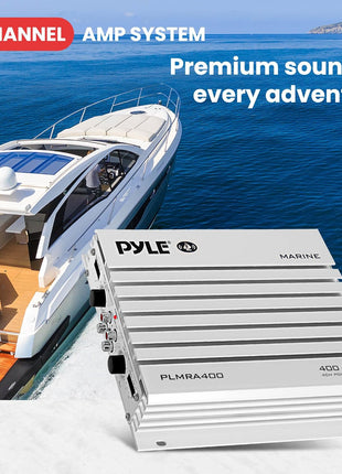 Pyle Hydra Marine Amplifier - Upgraded Elite Series 400 Watt 4 Channel Audio Amplifier, Waterproof, 12 volt, Dual MOSFET Power Supply, GAIN Level Controls, RCA Stereo Input & LED Indicator - PLMRA400